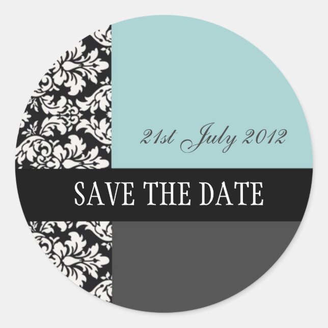 Blue and Black Damask Wedding Stickers (Front)