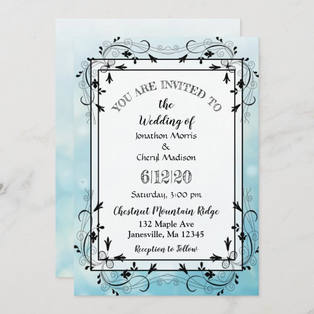 Blue and Black Decorative Tree Wedding Invitations (Front/Back)