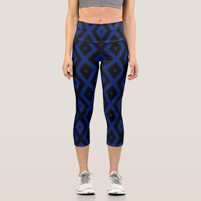 Blue and black diamond pattern capri leggings (Front)