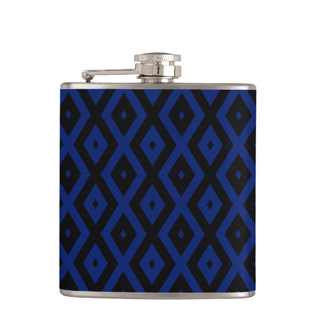 Blue and black diamond pattern hip flask (Front)