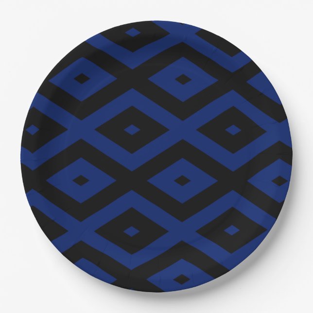 Blue and black diamond pattern paper plate (Front)