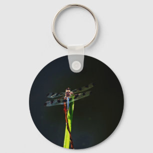 Blue and black  Dragonfly on green and red grass Keychain