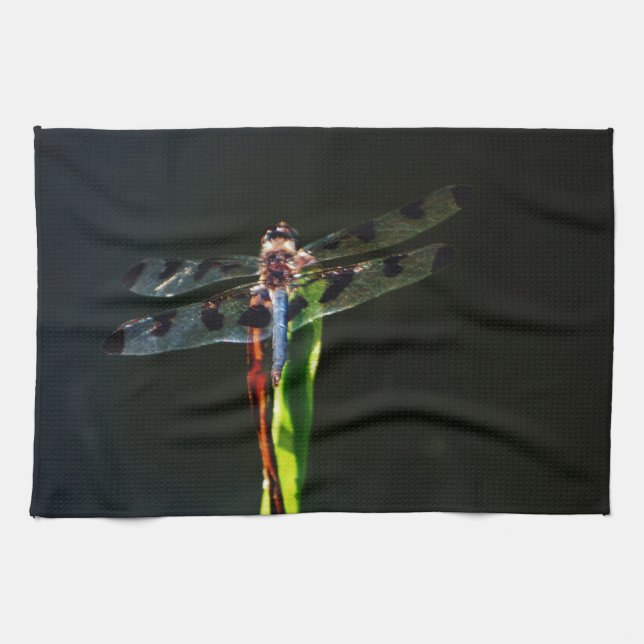 Blue and black  Dragonfly on green and red grass Kitchen Towel (Horizontal)