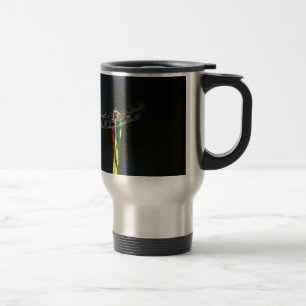 Blue and black  Dragonfly on green and red grass Travel Mug
