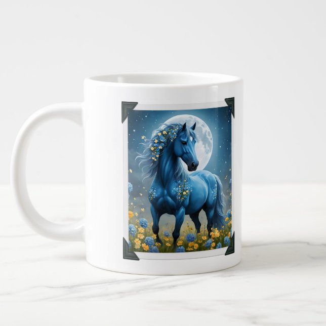 Blue And Black Fantasy Moon Horses, Large Coffee Mug (Left)