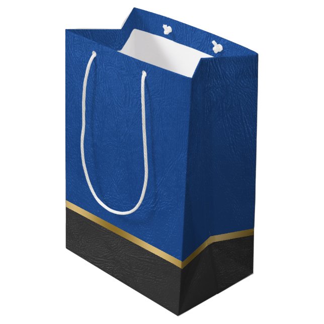 Blue and black faux leather combination medium gift bag (Back Angled)