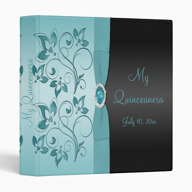Blue and Black Floral Quinceanera Binder (Front/Spine)