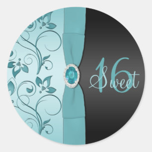 Blue and Black Floral Sweet Sixteen Sticker
