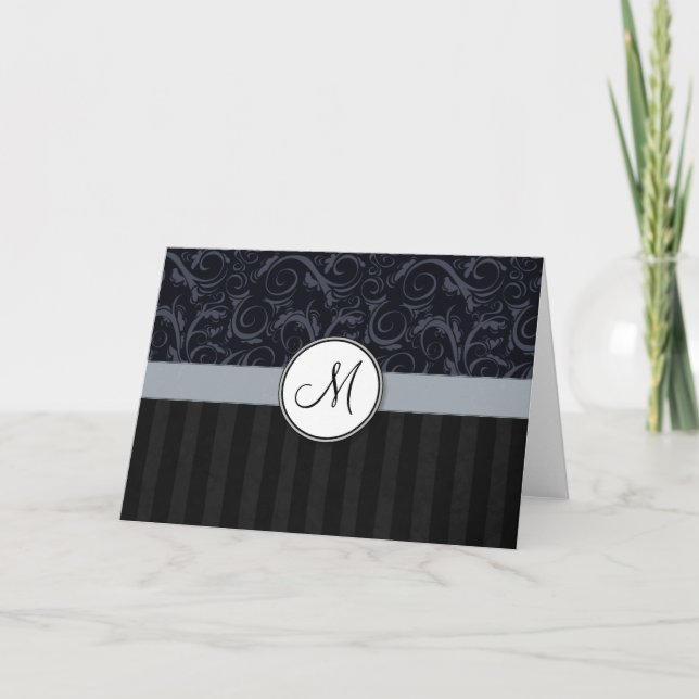 Blue and Black Floral Wisps, Stripes with Monogram Note Card (Front)