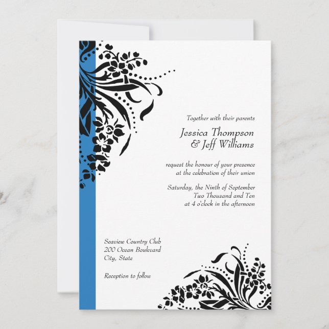 Blue and Black Flourish Wedding Invitations (Front)