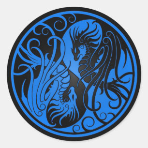 Blue and Black Flying Yin Yang Dragons Classic Round Sticker