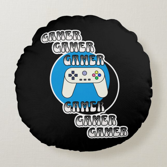 Blue and Black Gamer | Video Controller Round Pillow (Front)