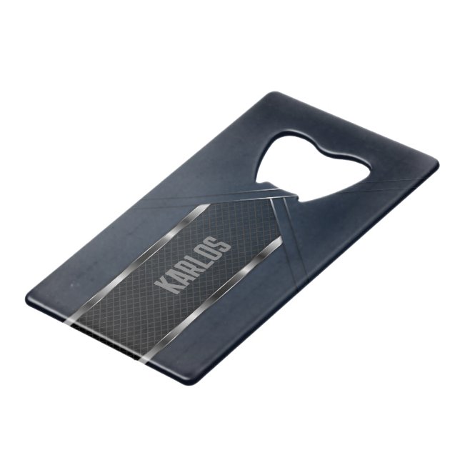 Blue and black geometric metallic design credit card bottle opener (Back Angled)