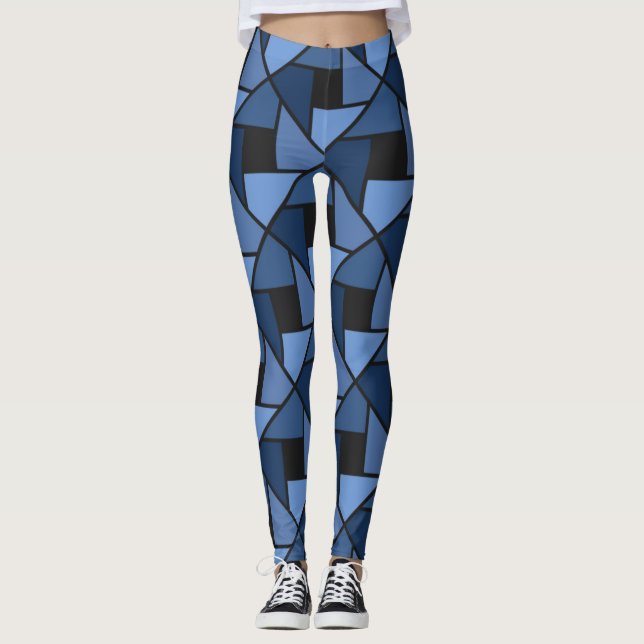 Blue and Black Geometric Yoga Pants  (Front)