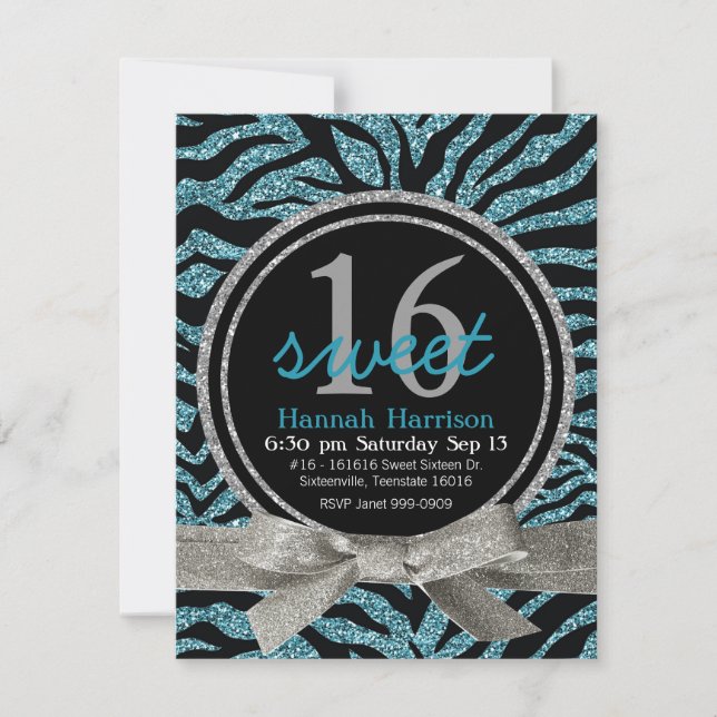 Blue and Black Glitter Look Zebra Sweet 16 Party Invitation (Front)