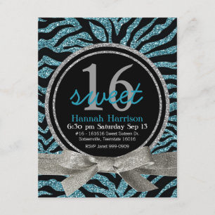 Blue and Black Glitter Look Zebra Sweet 16 Party Invitation