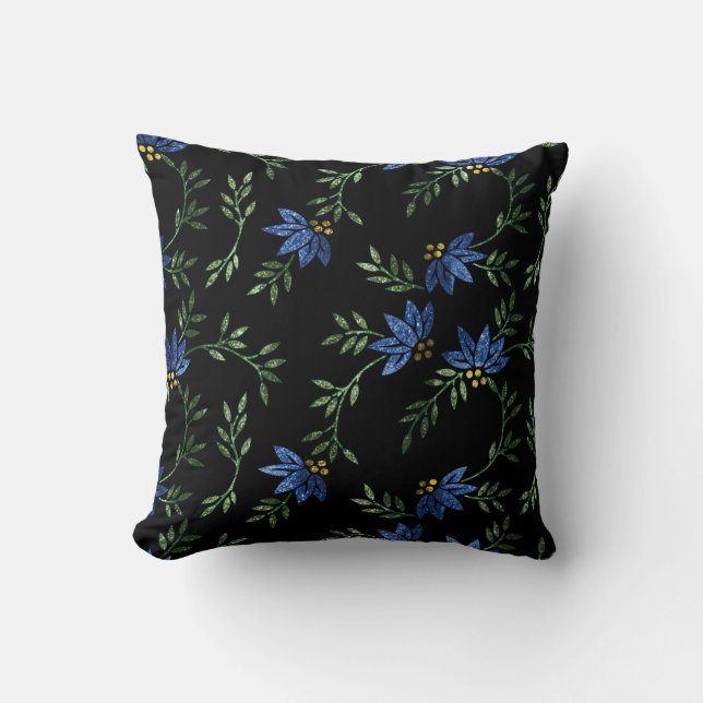 Blue and Black Glitter Pattern Throw Pillow (Front)