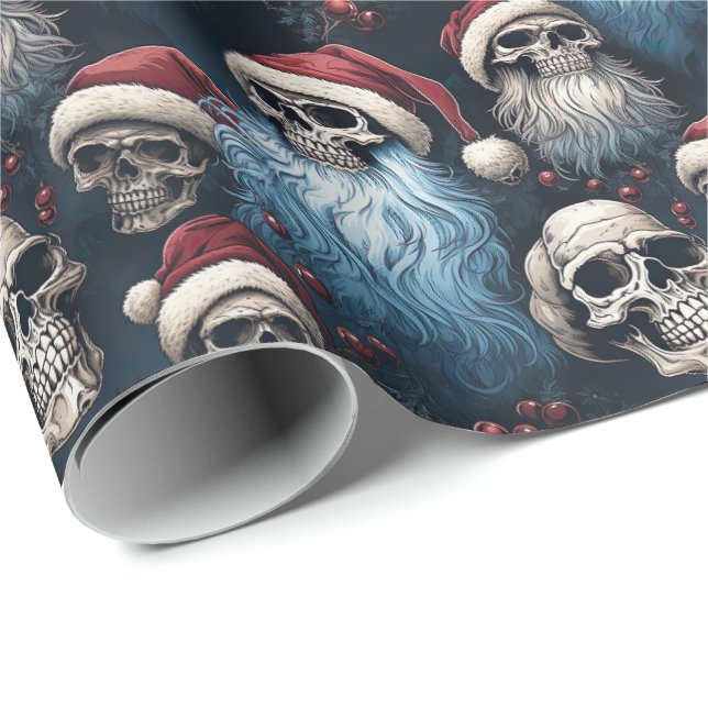 Blue and Black Gothic Santa Skulls Christmas Gift Wrapping Paper (Roll Corner)