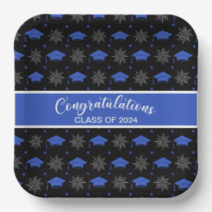 Blue and Black Graduation Cap Pattern Paper Plate