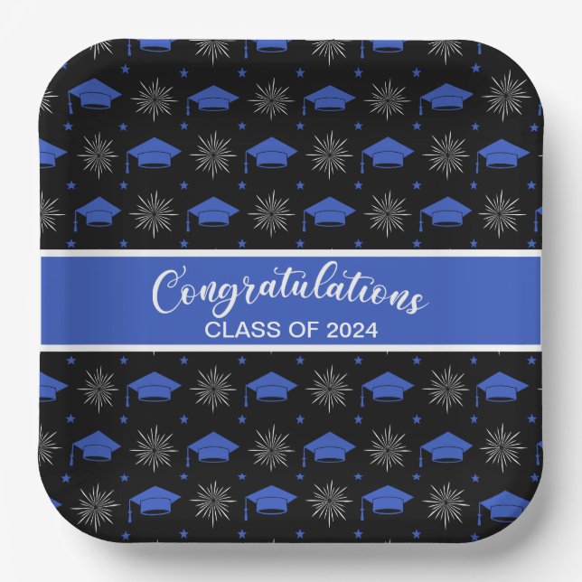 Blue and Black Graduation Cap Pattern Paper Plate (Front)
