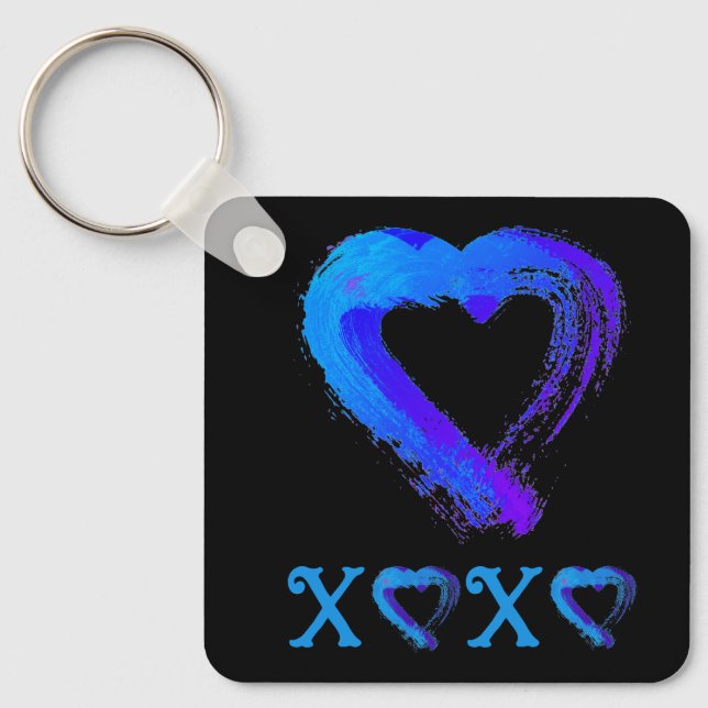 Blue and Black Heart XOXO Metal Key Chain (Front)