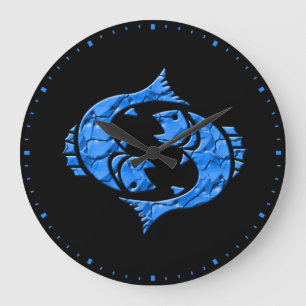 Blue and Black Horoscope Zodiac Sign Pisces Large Clock