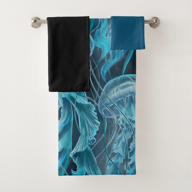 Blue and Black Jellyfish Bath Towel Set (Insitu)