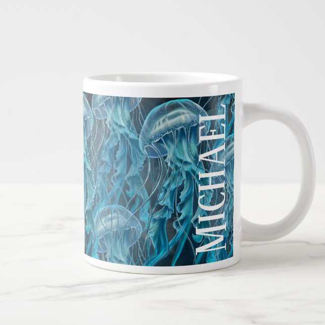 Blue and Black Jellyfish Large Coffee Mug (Right)