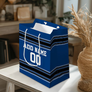 Blue and Black Jersey Stripes Custom Name Number Medium Gift Bag