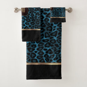 Blue and Black Leopard Pattern with Monogram Bath Towel Set