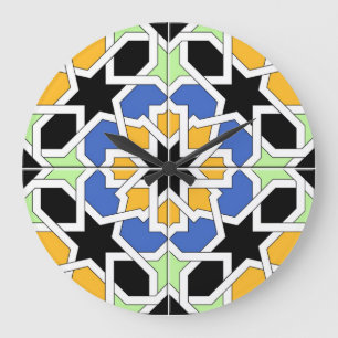 Blue and black Moroccan tile mosaic 02 in Large Clock