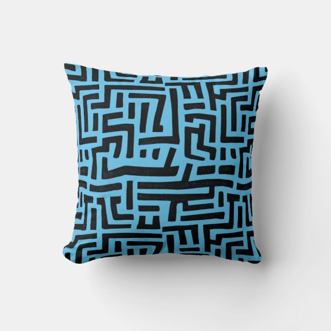 Blue And Black Motif | Geometric Maze Pattern Throw Pillow (Front)