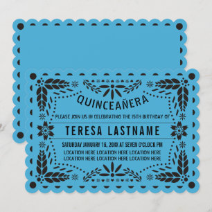 Blue and black papel picado Quinceañera Invitation