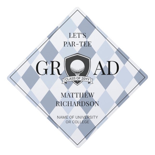 Blue and Black Personalized Modern Golf Graduation Cap Topper (Front)