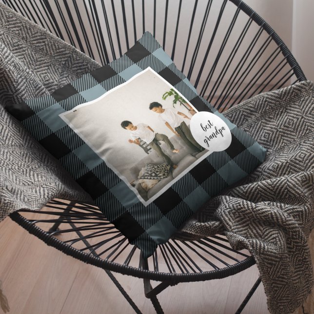 Blue And Black Plaid Best Grandpa Gift With Photo Outdoor Pillow (Creator Uploaded)