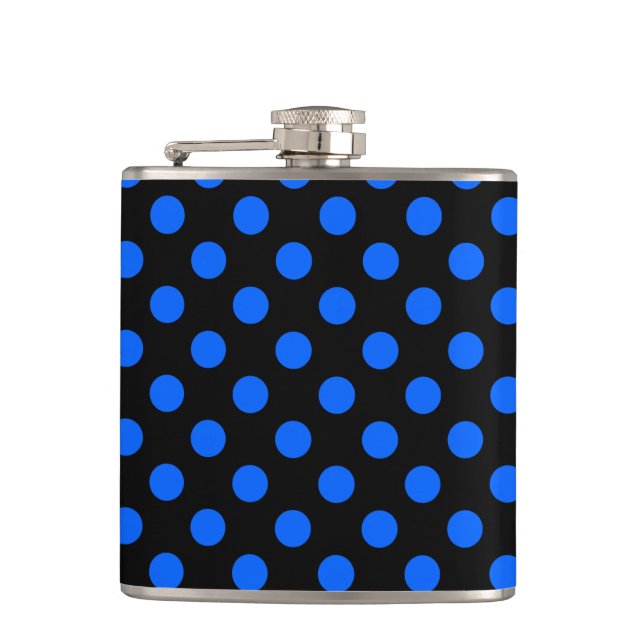 Blue and black polka dots hip flask (Front)
