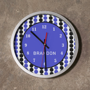 Blue and Black Polka dots with Name Large Clock
