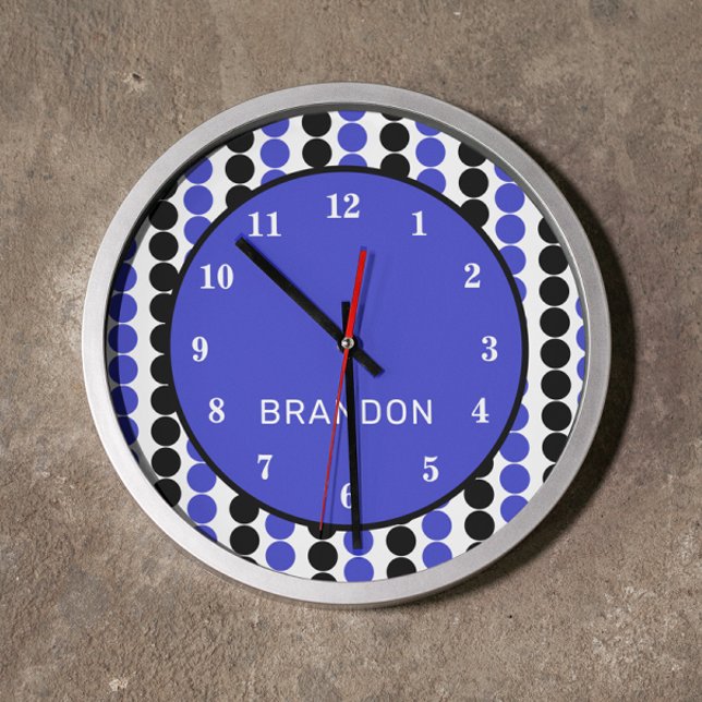 Blue and Black Polka dots with Name Large Clock (Creator Uploaded)