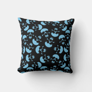 Blue and Black Repeating Motif Skull Pattern Throw Pillow
