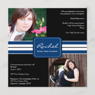 Blue and Black Ribbon Photo Graduation Invitation
