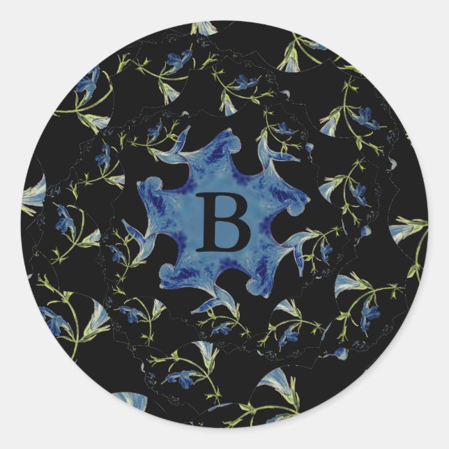Blue and black Sage fractal art Monogram Classic Round Sticker (Front)