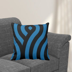 Blue and Black, Striped Wave Pattern Throw Pillow