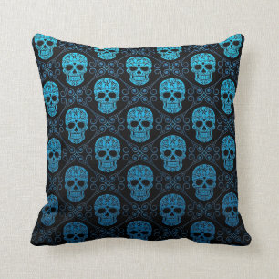 Blue and Black Sugar Skull Pattern Throw Pillow