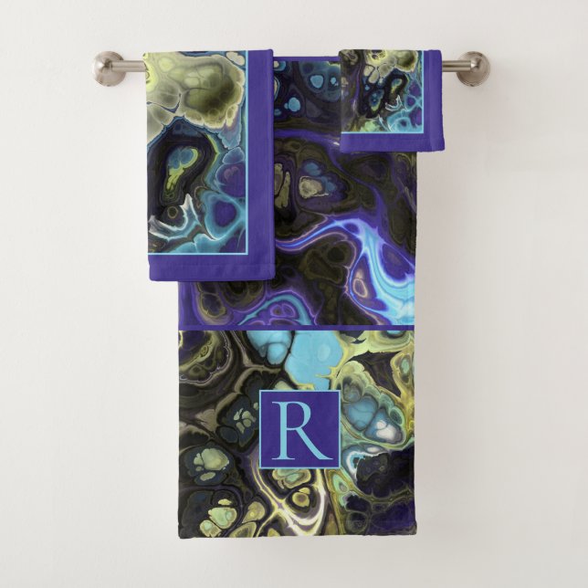 Blue and black tie dye marble pattern and monogram bath towel set (Insitu)
