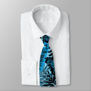 Blue and black tropical pattern. tie