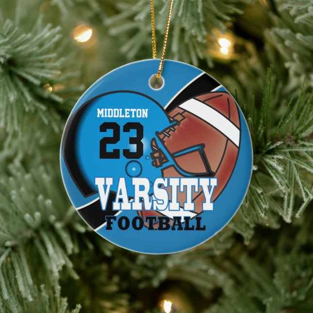 Blue and Black Varsity Football  Ceramic Ornament (Tree)