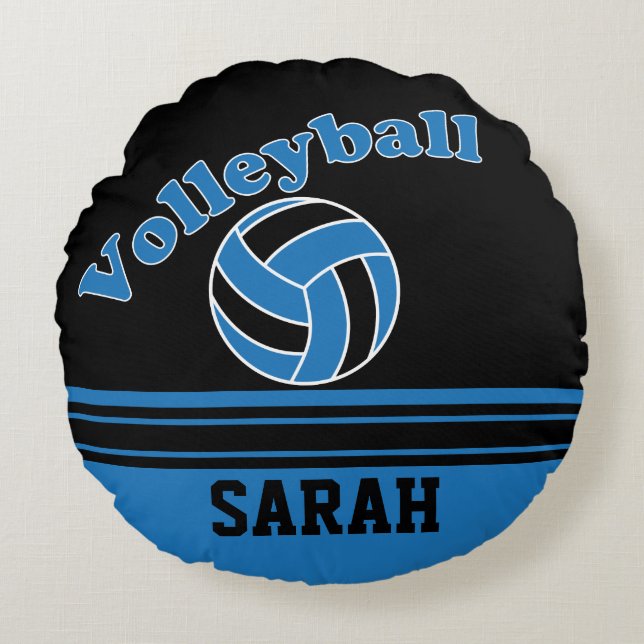 Blue and Black Volleyball | Personalize Round Pillow (Front)