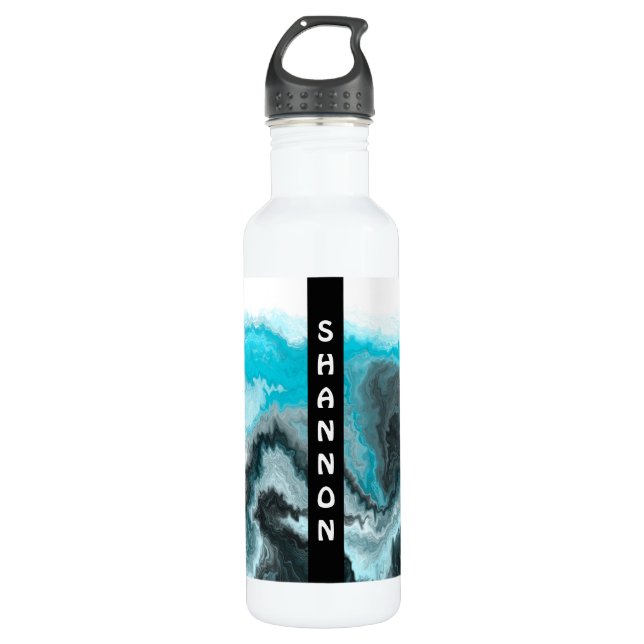 Blue and Black Wave Personalized Marble Fluid Art  710 Ml Water Bottle (Front)