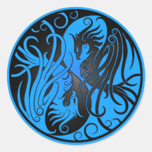 Blue and Black Yin Yang Phoenix Classic Round Sticker