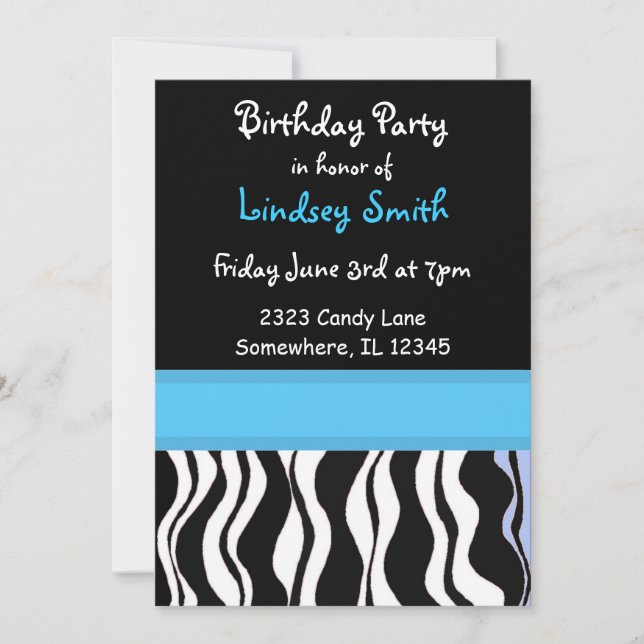 Blue and Black Zebra Print Birthday Invitation (Front)